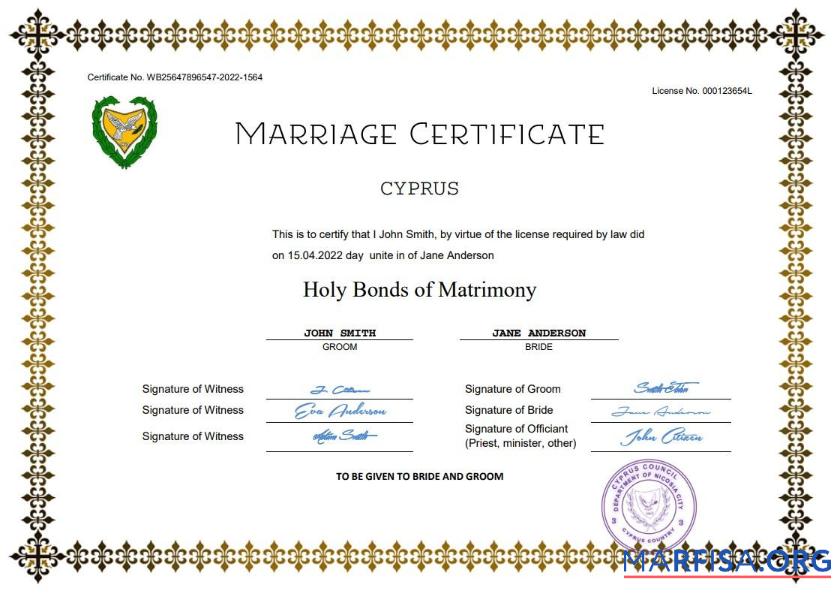 Printable Cyprus marriage certificate Word and PDF template